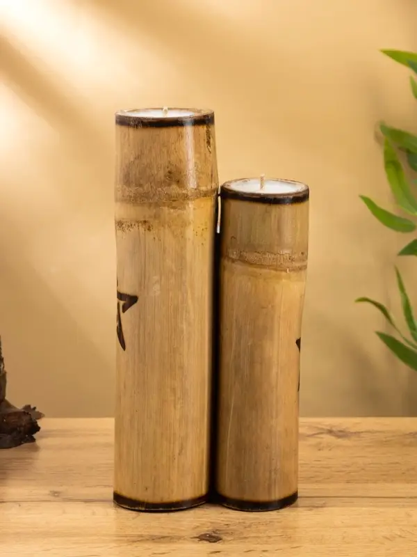 Свеча в бамбуке двойная &laquo;Звезда&raquo;, 13&times;14&times;30 см, 100 мл, бежевая