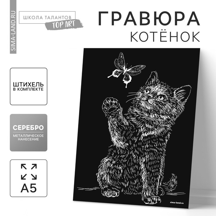 Гравюра &laquo;Котёнок и бабочка&raquo; с металлическим эффектом &laquo;серебро&raquo; А5