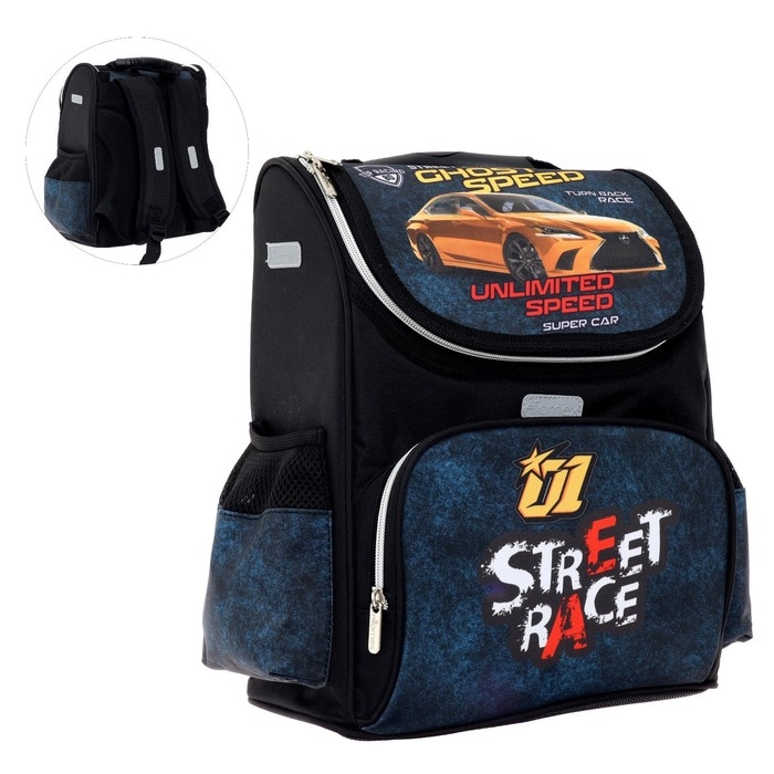 Ранец школьный Стандарт, 34 х 27 х 20 см, Attomex Lite Street Race, чёрный, синий