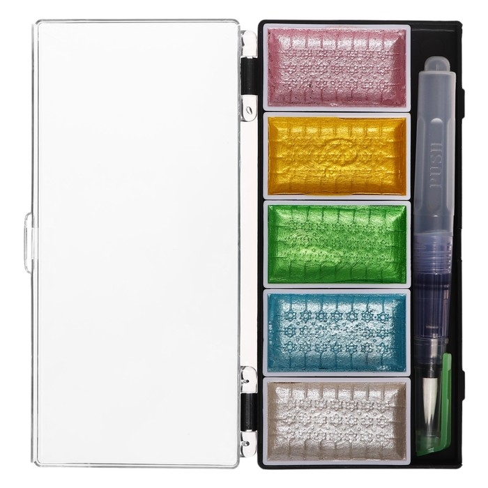 Краски акварельные, перламутровые, + кисть, в пластиковой коробке, 5 цветов