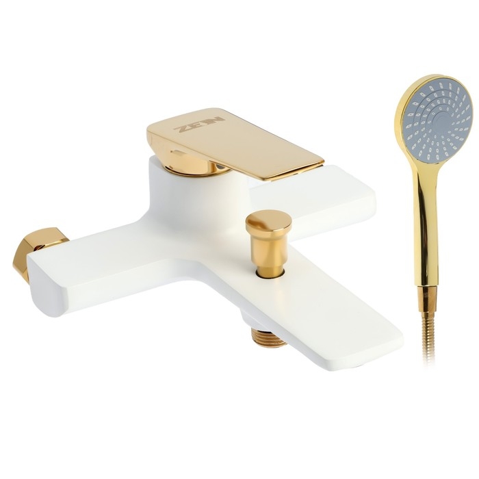 Смеситель для ванны ZEIN Z3891, однорычажный, лейка 5 режимов, шланг, держатель, белый/gold   993220