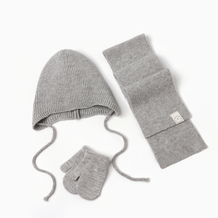 Комплект вязаный: шапка, шарф, варежки (1-3 года), серый Комплект вязаный: шапка, шарф, варежки (1-3 года), серый