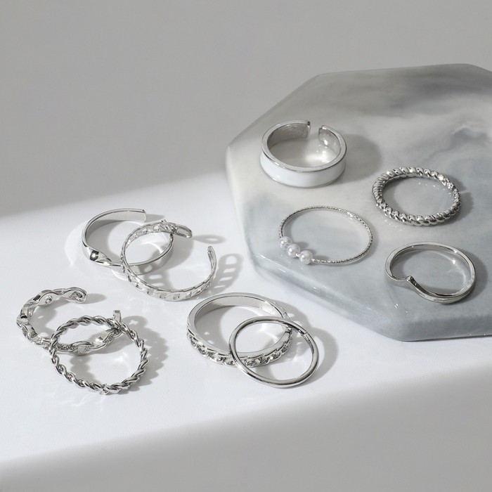 Набор колец 10 штук «Тренд» элегантность, цвет белый в серебре, размер МИКС Набор колец 10 штук «Тренд» элегантность, цвет белый в серебре, размер МИКС