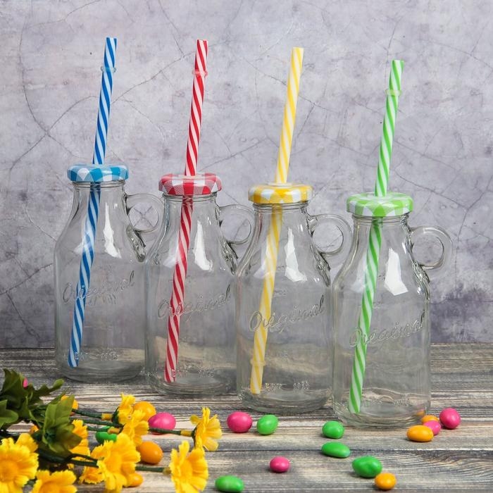 Бутыль стеклянная с крышкой и трубочкой, 200 мл, 7,5&times;6&times;14,5 см, цвет МИКС