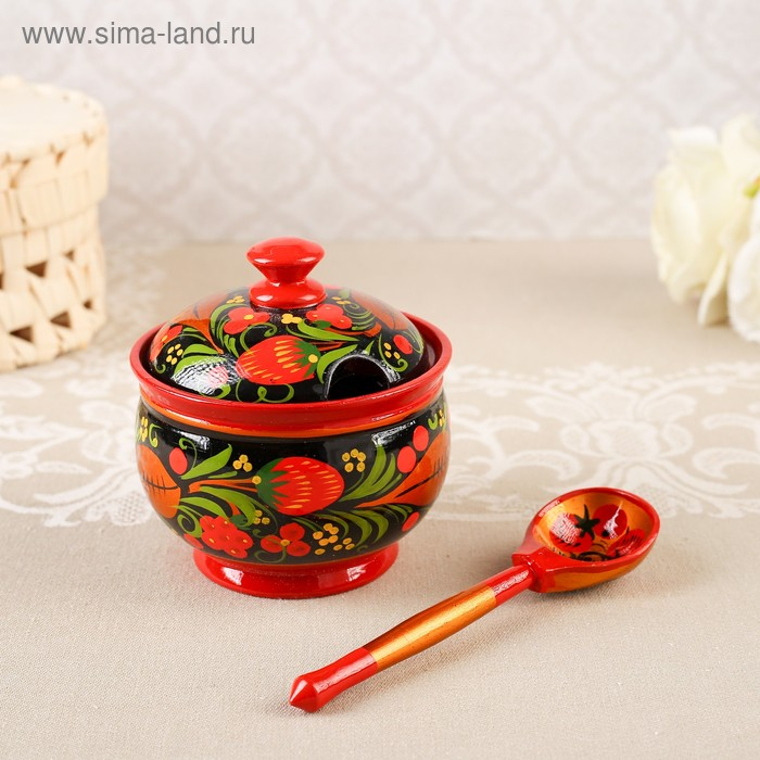 Сахарница, с ложкой, 10&times;9 см, хохлома
