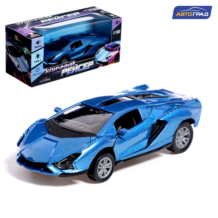 Машина металлическая &laquo;Уличный рейсер&raquo;, инерционная, 1:32, открываются двери, звуковые и световые эффекты, цвет синий