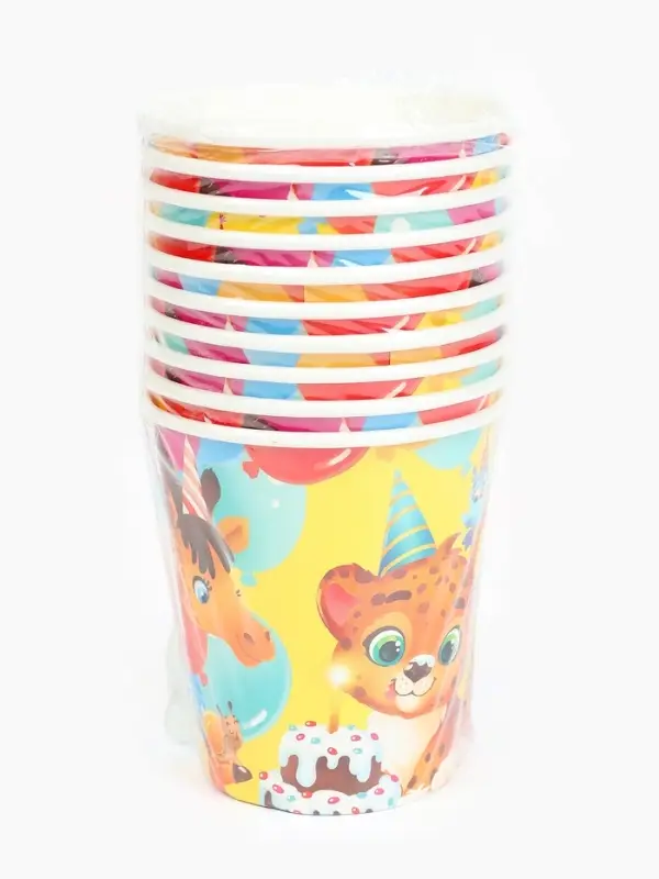 Стакан одноразовый бумажный &laquo;С Днём рождения, весёлые зверята&raquo;, желтый, 250 мл