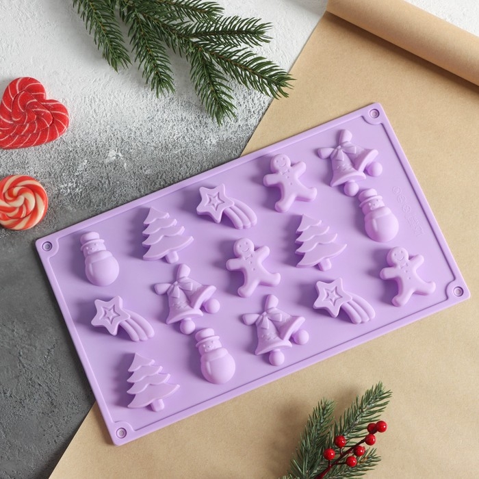 Форма для конфет и шоколада новогодняя Доляна &laquo;Ёлочки - иголочки&raquo;, силикон, 30&times;17,3&times;1,3 см, 15 ячеек, цвет сиреневый