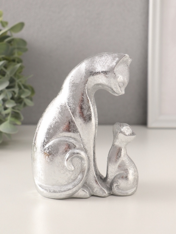 Сувенир полистоун "Кошка с котёнком" серебро 10х6х13,5 см