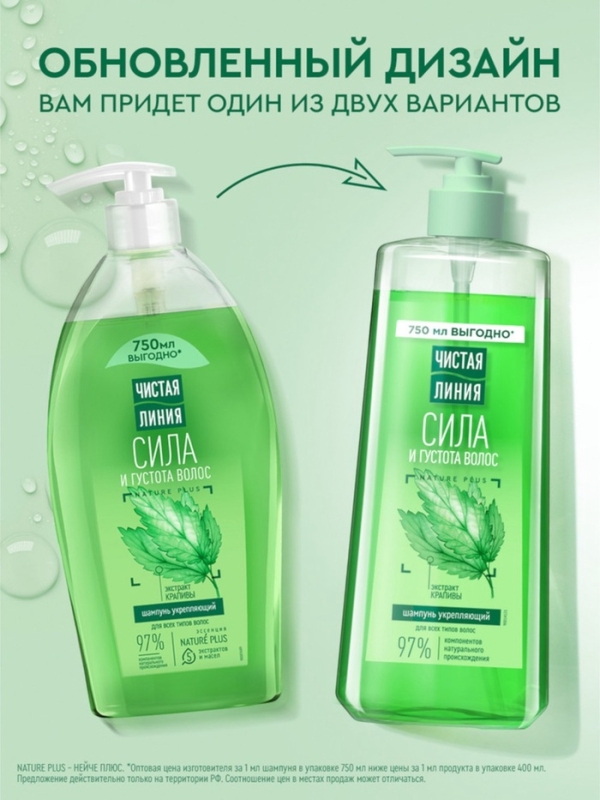 Шампунь для волос Чистая линия "сила и густота" с экстрактом крапивы, 750 мл
