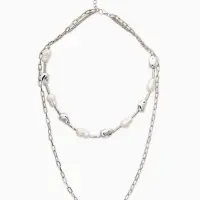 Колье "Жемчуг" борокко, цепь, удлиненное, 2 яруса, цвет белый в серебре