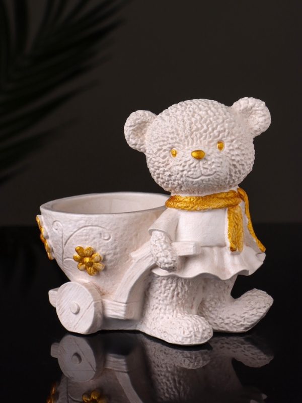 Кашпо "Медведица с тележкой" 10х10х6 см, слоновая кость