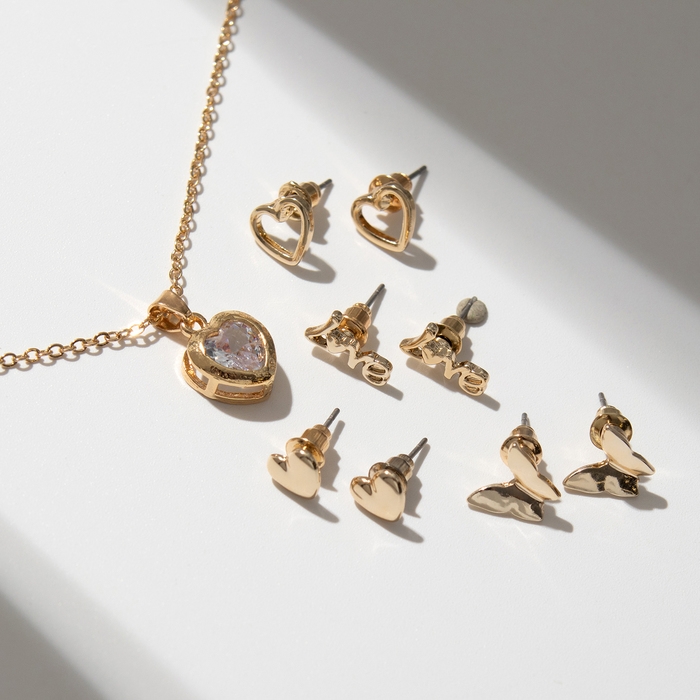 Гарнитур 5 предметов: серьги (4 пары), кулон &laquo;Минимал&raquo; сердечко, цвет золото, 40 см