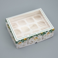 Коробка складная на 12 капкейков с окном &laquo;С Новым годом!&raquo; 32.8 х 25.6 х 10 см, Новый год