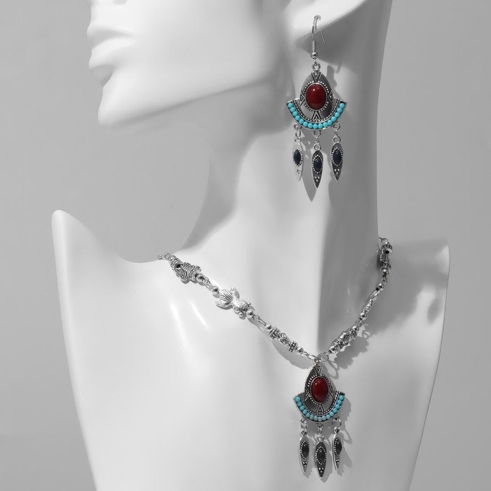 Набор 2 предмета: серьги, колье &laquo;Индия&raquo; флора и фауна, цветной в чернёном серебре, 32 см