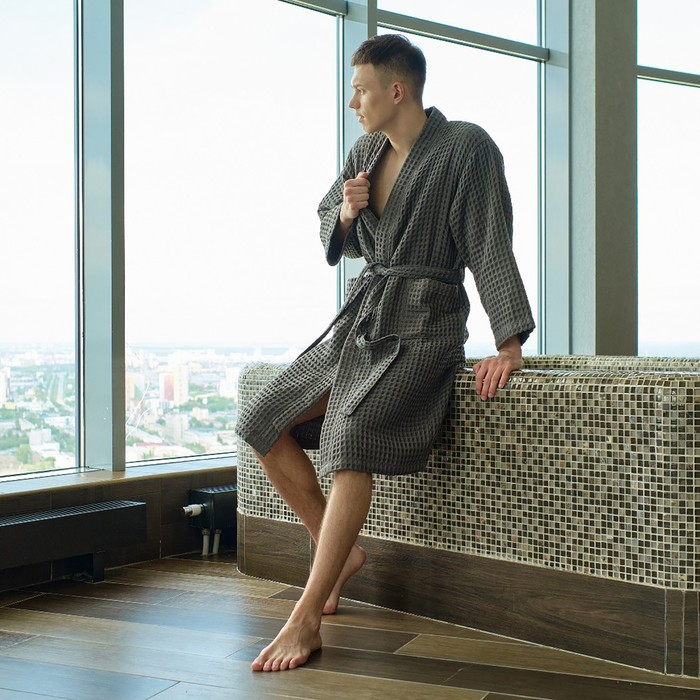 Халат вафельный мужской удлиненный Этель Халат вафельный мужской удлиненный Этель "Boho" размер 46-48, цвет светло-серый, 100% хлопок, 290 г/м2