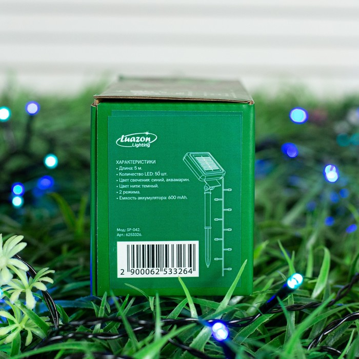 Гирлянда «Нить» 5 м, IP44, тёмная нить, 50 LED, свечение синее/аквамарин, 2 режима, солнечная батарея Гирлянда «Нить» 5 м, IP44, тёмная нить, 50 LED, свечение синее/аквамарин, 2 режима, солнечная батарея