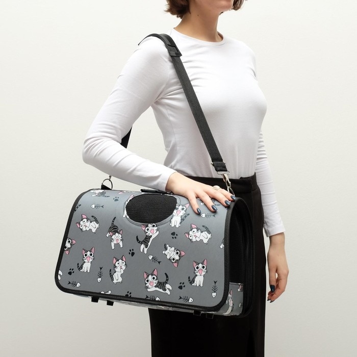 Сумка-переноска каркасная "Играющие котики", размер L, 53 х 21 х 29 см, серая