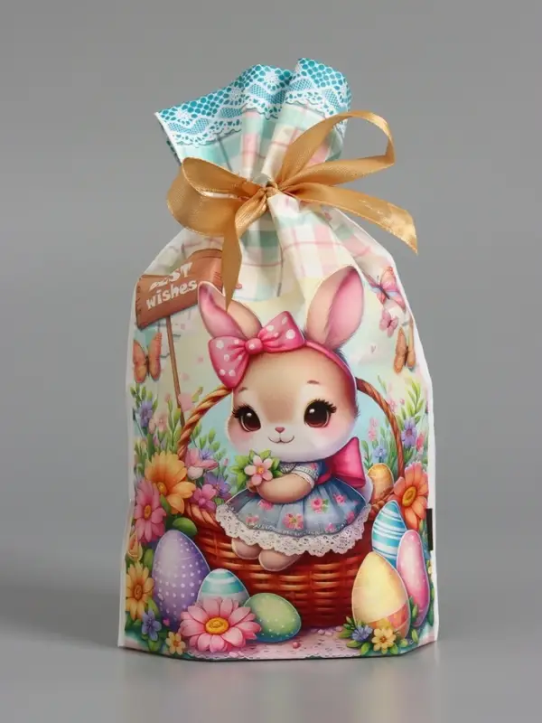 Пакет  полиэтиленовый подарочный "Заяц с цветами", с завязками, 15х23&plusmn;1 см