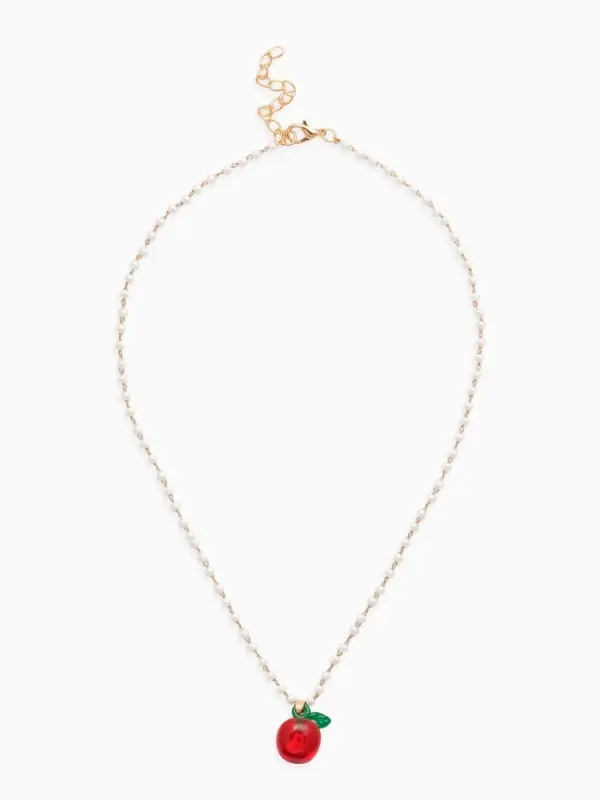 Кулон на жемчужной дорожке "Яблочко", цвет бело-красный в золоте 44+удл.