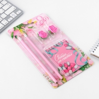 Подарочный набор &laquo;С 8 марта&raquo;, карандаши 2 шт, ластики 2 шт, блокнот