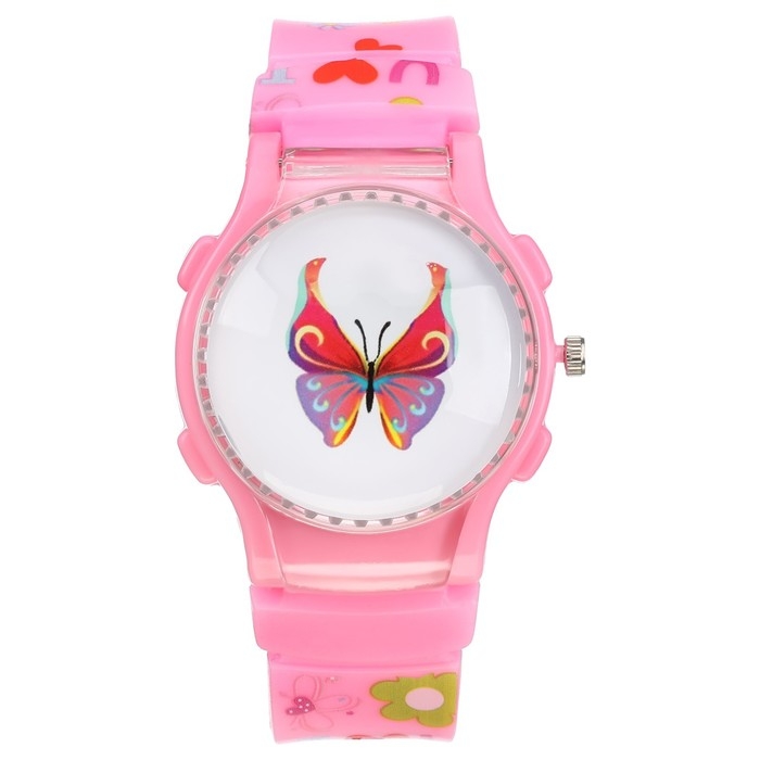 Часы наручные детские, Часы наручные детские, "Бабочки", d-3,5 см, ремешок силикон l-21,5 см