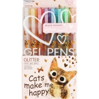 Набор гелевых ручек 8цв GLITTER. LOVE ME. Милый котик, 1.0мм, с блестками