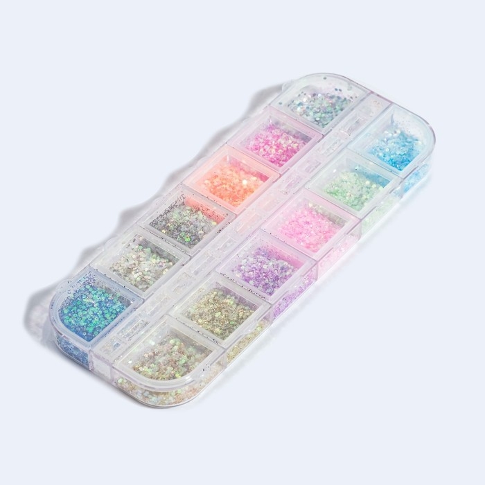 Блёстки для декора ногтей, 12 ячеек, мелкие, разноцветные Блёстки для декора ногтей, 12 ячеек, мелкие, разноцветные
