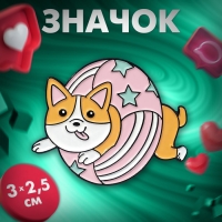 Значок &laquo;Щенок корги&raquo; в спасательном круге, цветной в чёрном металле