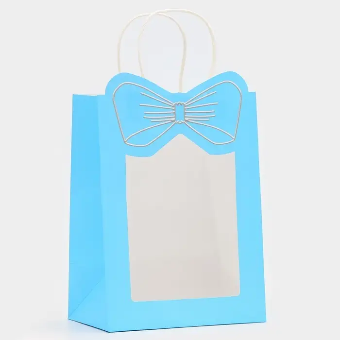 Пакет подарочный бумажный с окном &laquo;Бант&raquo;, 19&times;26&times;13 см, голубой