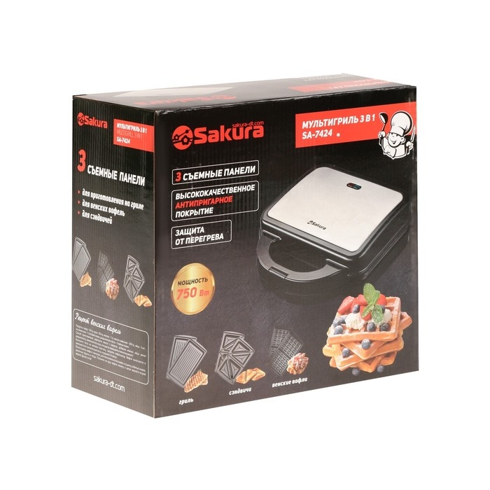 Мультигриль Sakura SA-7424, 750 Вт, 3 сменные панели, антипригарное покрытие, серо-чёрный Мультигриль Sakura SA-7424, 750 Вт, 3 сменные панели, антипригарное покрытие, серо-чёрный