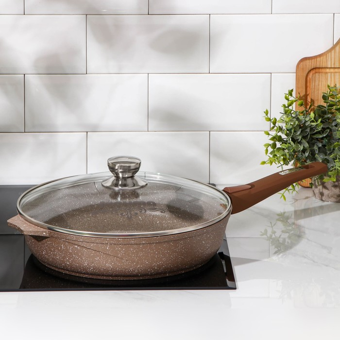 Сковорода &laquo;Гранит&raquo;, d=30 см, съёмная ручка, стеклянная крышка, антипригарное покрытие, цвет коричневый