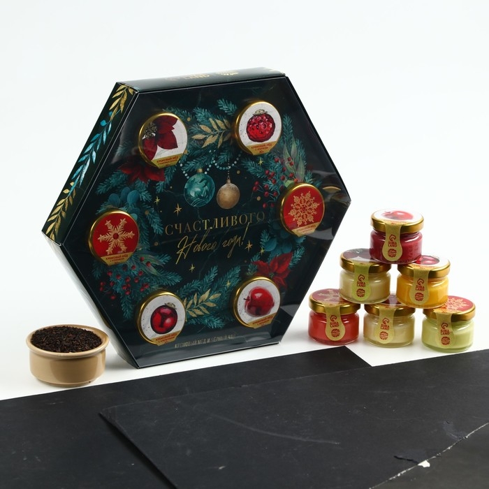 Подарочный набор &laquo;Счастливого Нового года&raquo;: чай чёрный 50 г., крем-мёд (6 шт. x 30 г)