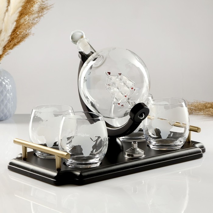 Мини-Бар Путешествия, на подносе, на 4 персоны, штоф 930 мл, бокалы 300 мл, 19 х 34 х 23 см