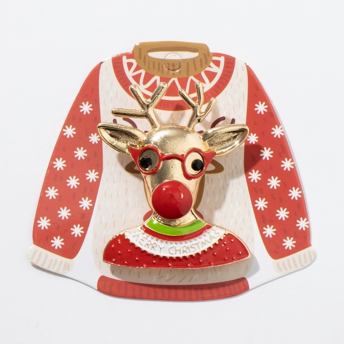 Брошь новогодняя &laquo;Олень&raquo; в свитере, цветная в золоте