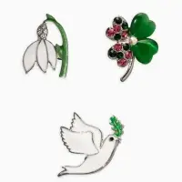 Броши "Голубь, клевер, подснежник" (набор 3шт), цветной в серебре