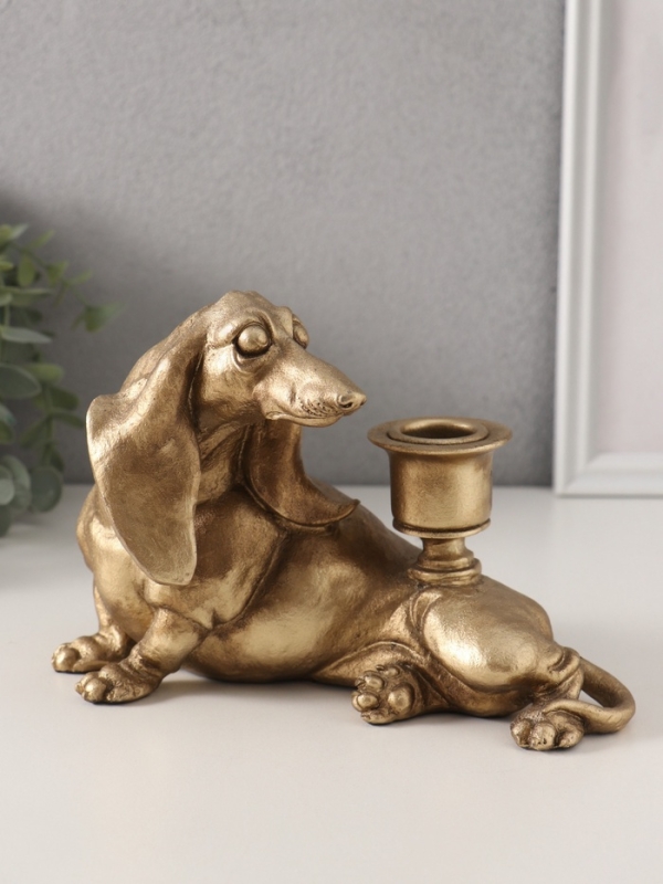 Подсвечник полистоун на 1 свечу "Шарж. Такса" золото 19х11х13 см