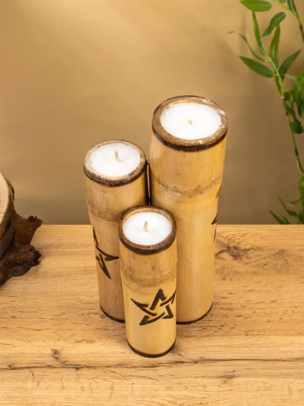 Свеча в бамбуке двойная &laquo;Звезда&raquo;, 13&times;14&times;30 см, 100 мл, бежевая