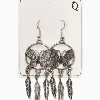 Серьги метал "Аутентичность" бабочка с перьями, цвет чернёное серебро