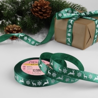 Новый год! Лента атласная &laquo;Олени&raquo;, 15 мм, 23 &plusmn; 1 м, цвет зелёный №56