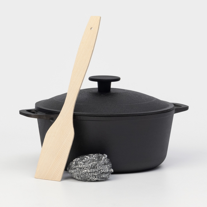 Кастрюля чугунная Wild Kitchen, 3 л, лопатка и губка в комплекте Кастрюля чугунная Wild Kitchen, 3 л, лопатка и губка в комплекте