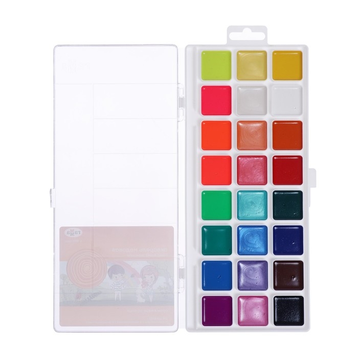 Акварель 24 цвета (8 перламутр. + 8 флуор. + 8 классич.) Гамма "Оранжевое солнце", медовая, без кисти, пластик, европодвес 291020209