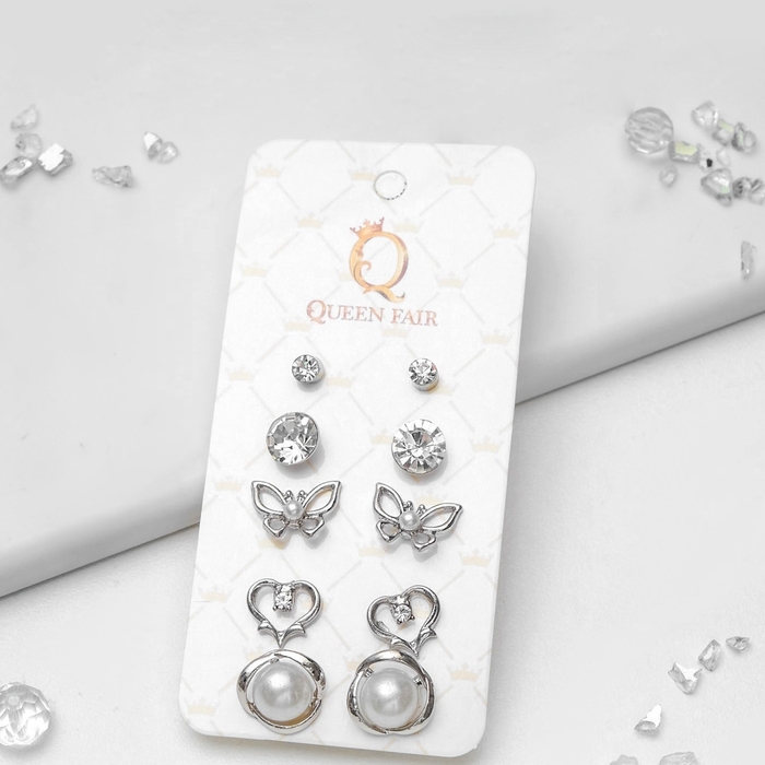 Пусеты 5 пар &laquo;Ассорти&raquo; настроение, цвет белый в серебре