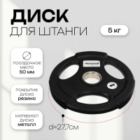 Диск олимпийский ONLYTOP, обрезиненный, с тройным хватом, 5 кг, d=50 мм Диск олимпийский ONLYTOP, обрезиненный, с тройным хватом, 5 кг, d=50 мм