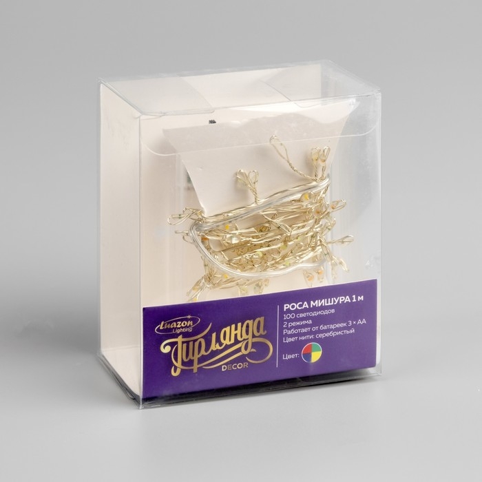 Гирлянда «Мишура» 1 м роса, IP20, серебристая нить, 100 LED, 2 режима, батарейки AAх3 (нет в комплекте), свечение мульти Гирлянда «Мишура» 1 м роса, IP20, серебристая нить, 100 LED, 2 режима, батарейки AAх3 (нет в комплекте), свечение мульти
