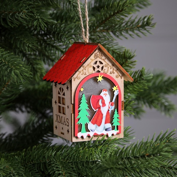 Ёлочная игрушка &laquo;Домик с Дедом Морозом&raquo;, от батареек, свечение тёплое белое