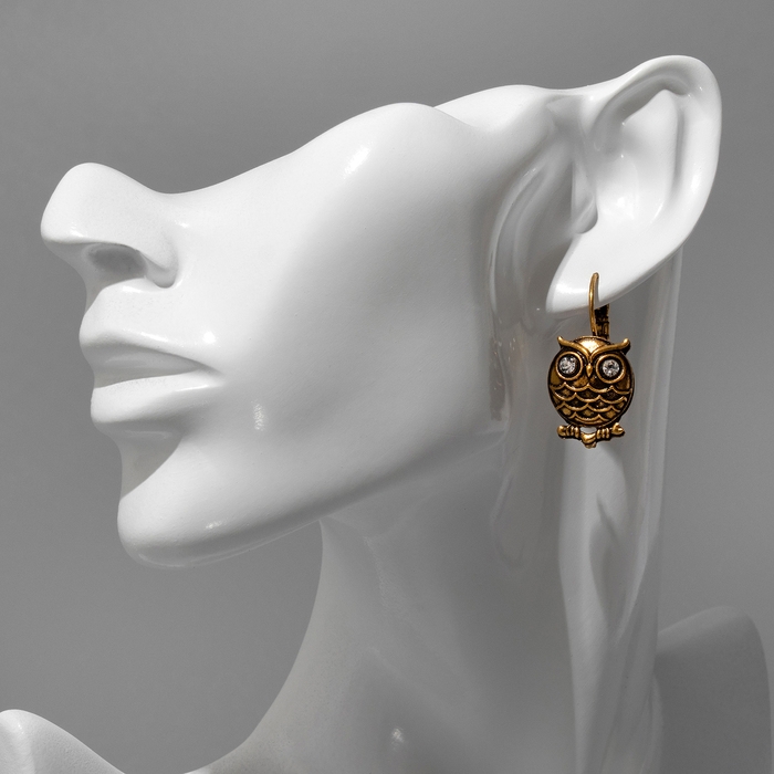 Серьги &laquo;Птица&raquo; филин на ветке, цвет белый в чернёном золоте