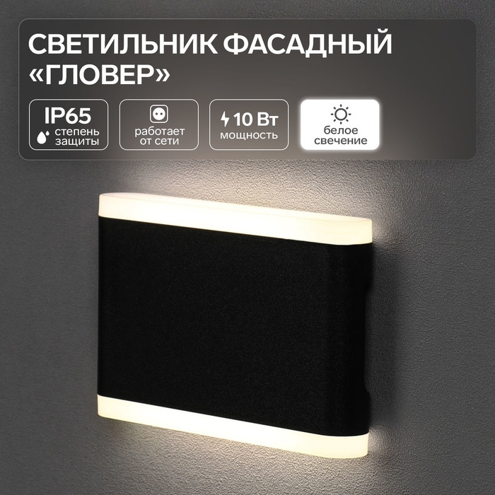 Светильник фасадный &laquo;Гловер&raquo;, FSD-031, 10 Вт, 4000К, IP65, 220 В, пластик, черный