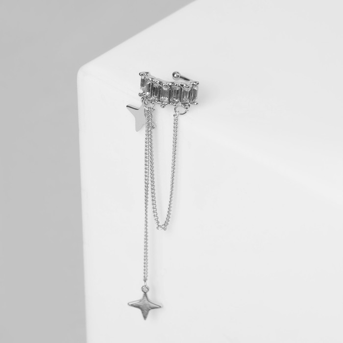 Серьга &laquo;Кафф&raquo; две звезды, цвет белый в серебре