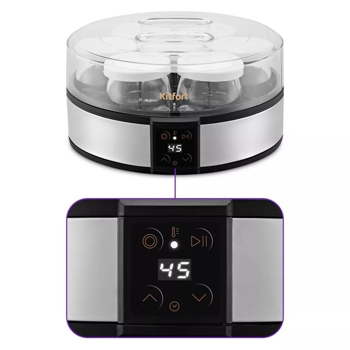 Йогуртница Kitfort КТ-6363, 20 Вт, 180 мл, 7 ёмкостей, стекло, серебристо-чёрная